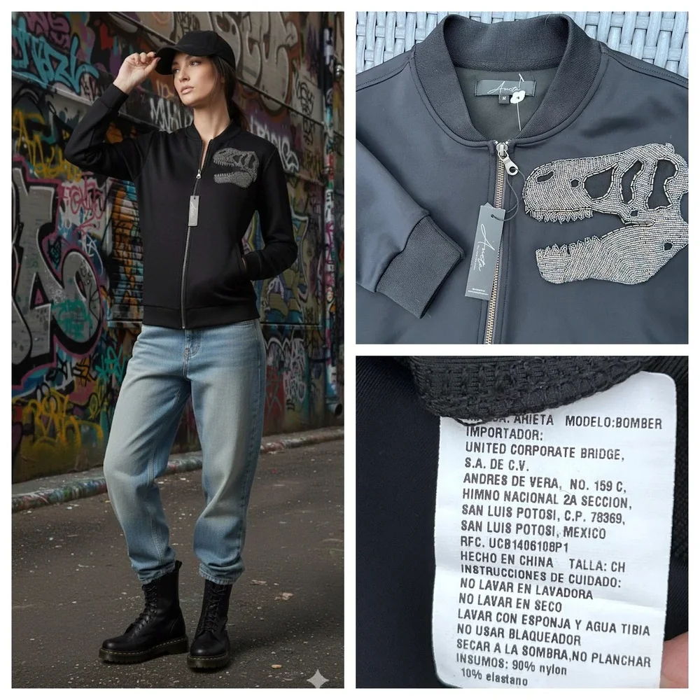 New Arieta Bomber Women Black Beaded Dinosaur Skull Athleisure Sz M Grunge NWT - Picture 5 of 17